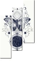 Модульная картина «Сложный геометрический коллаж с бабочкой из цветов, различных фигур, компаса и астрологических символов»